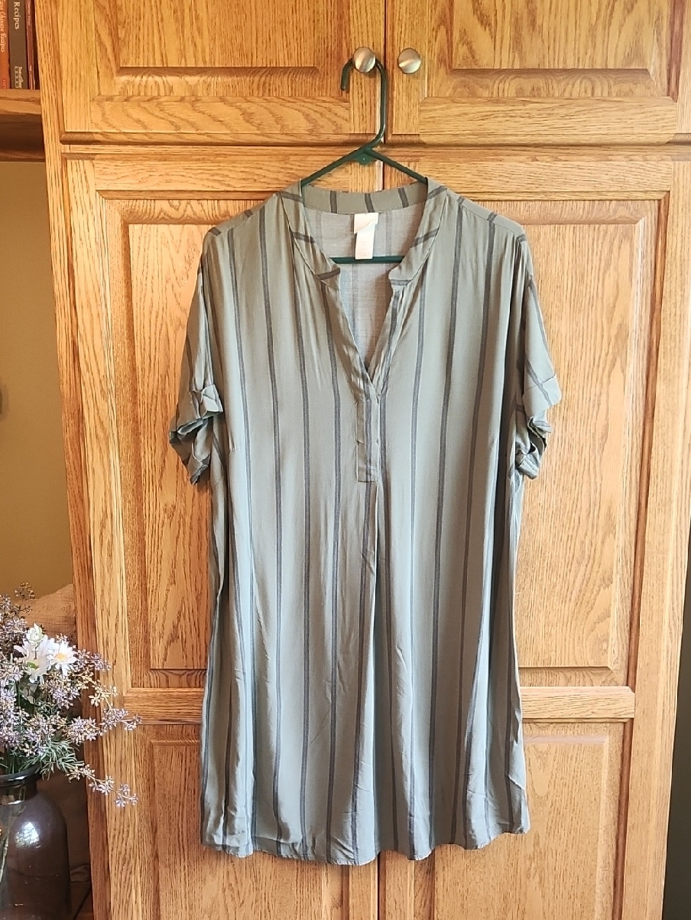 H&M Olive Green Striped Midi Tunic Dress, Size 12